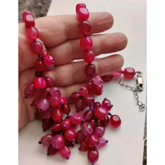 Vtg HOT PINK Beaded NECKLACE 925 SILVER CLASP 22" Adjustable Purple Cord 92g - Picture 3 of 6